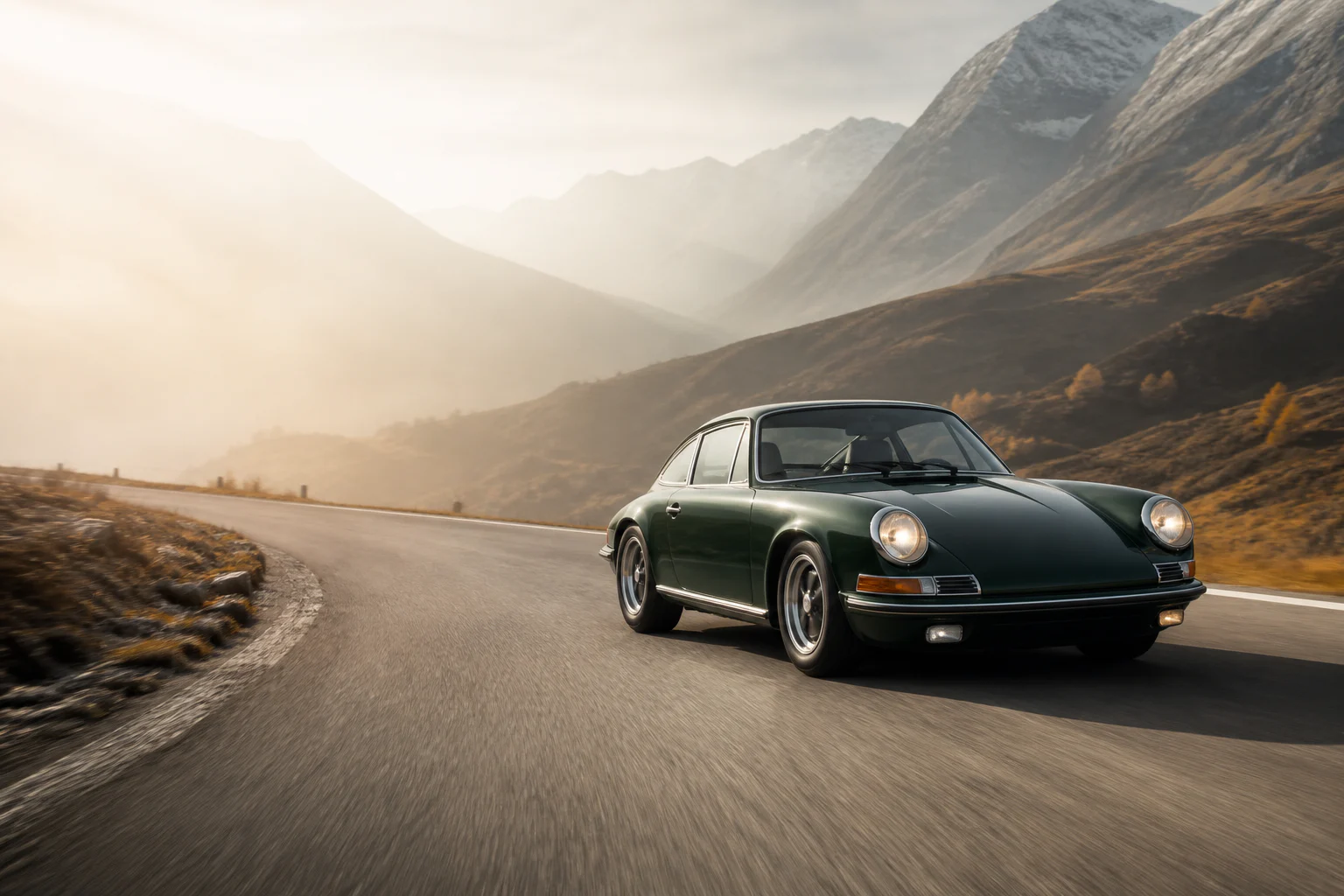 Classic green sports coupe on an alpine road